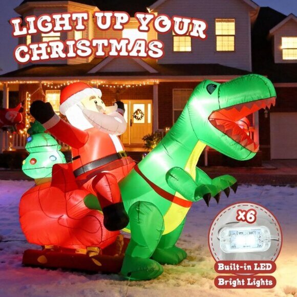 🆕8.2FT Long Christmas Inflatables with LED Santa Ride on Dinosaur Outdoor Decor - Picture 4 of 9